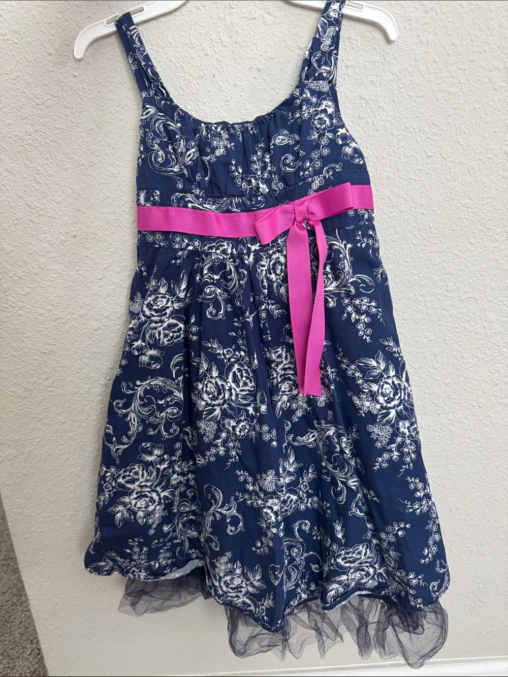 Bonnie Jean Navy Floral Dress with Pink Ribbon